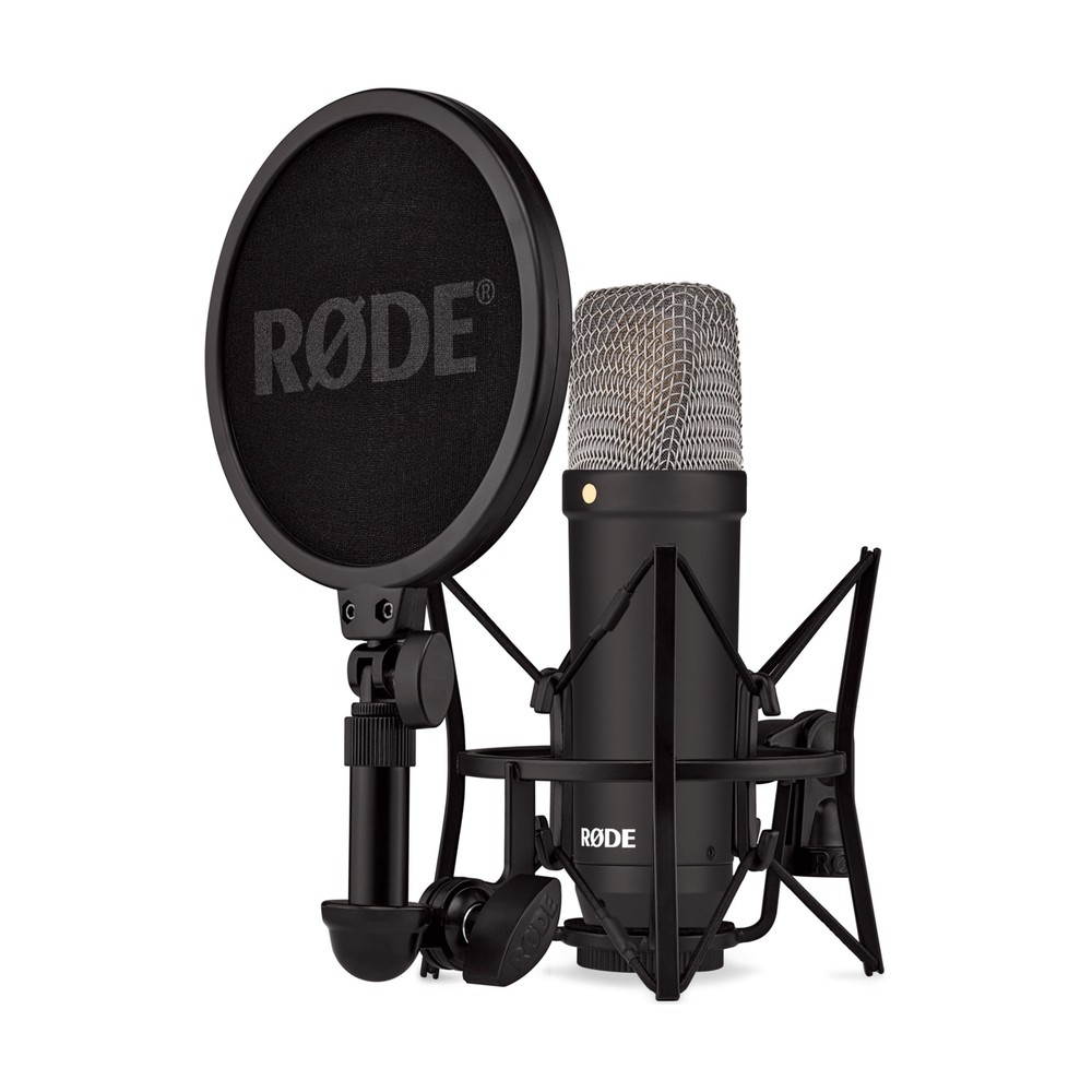 RØDE NT1 Signature Series condenser microphone in its shock mount with pop filter
